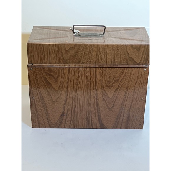 Vintage Porta Personal File Box Metal Lithographed Brown Wood Grain Key - Picture 5 of 7